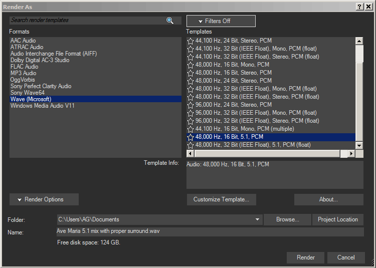 Render 5.1 surround settings in Magix Vegas Pro